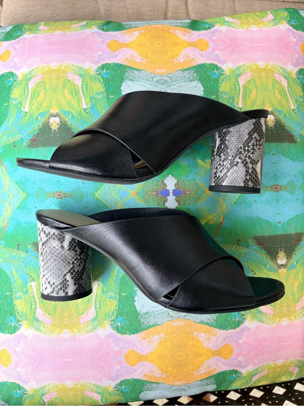 Restricted Black Leather Mule with Snake-Print Block Heel